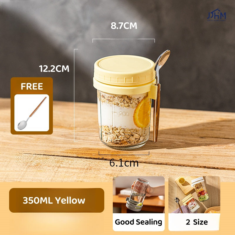 Oatmeal Cup | Breakfast Cereal Oats Cup | Mason Glass Jar with Spoon | Leak Proof Parfait Container Mug
