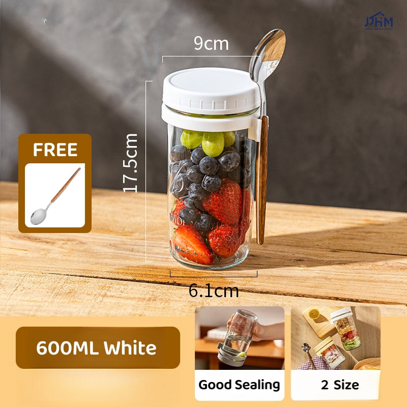 Oatmeal Cup | Breakfast Cereal Oats Cup | Mason Glass Jar with Spoon | Leak Proof Parfait Container Mug
