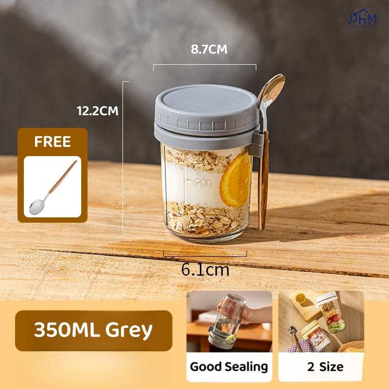 Oatmeal Cup | Breakfast Cereal Oats Cup | Mason Glass Jar with Spoon | Leak Proof Parfait Container Mug