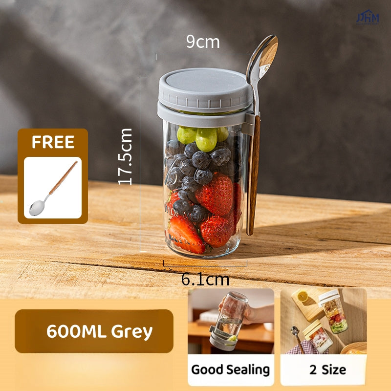 Oatmeal Cup | Breakfast Cereal Oats Cup | Mason Glass Jar with Spoon | Leak Proof Parfait Container Mug
