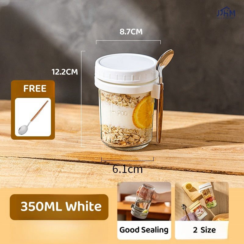 Oatmeal Cup | Breakfast Cereal Oats Cup | Mason Glass Jar with Spoon | Leak Proof Parfait Container Mug
