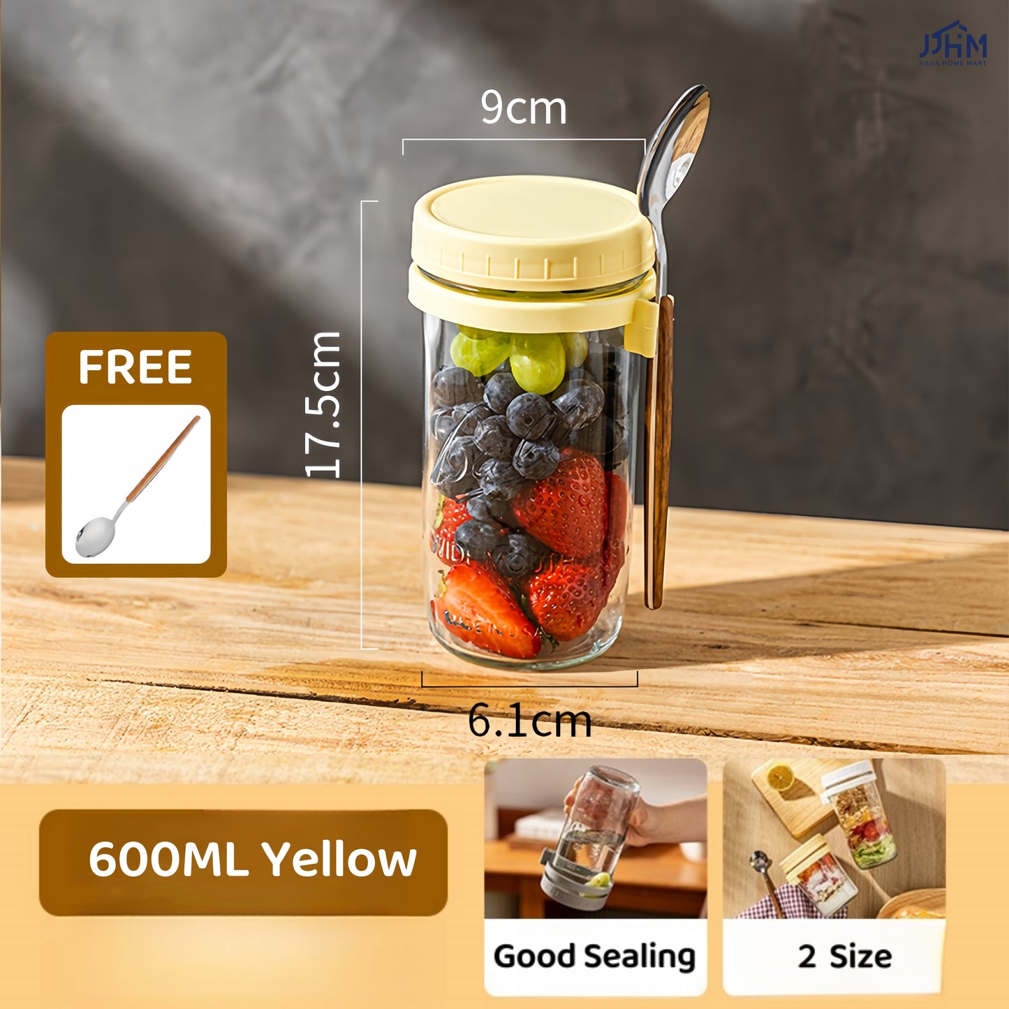 Oatmeal Cup | Breakfast Cereal Oats Cup | Mason Glass Jar with Spoon | Leak Proof Parfait Container Mug