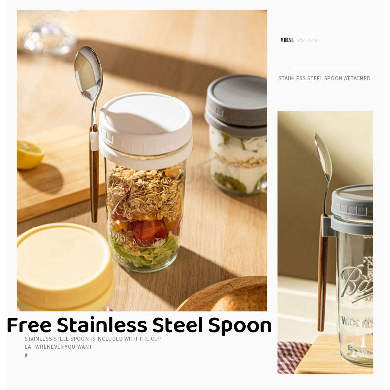 Oatmeal Cup | Breakfast Cereal Oats Cup | Mason Glass Jar with Spoon | Leak Proof Parfait Container Mug