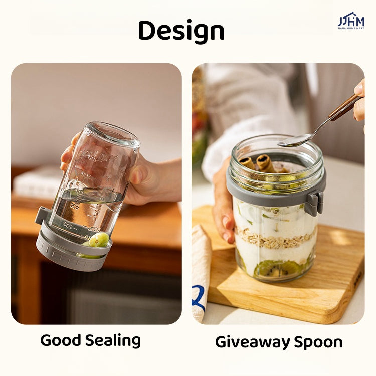 Oatmeal Cup | Breakfast Cereal Oats Cup | Mason Glass Jar with Spoon | Leak Proof Parfait Container Mug