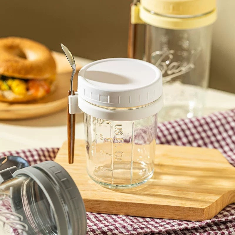 Oatmeal Cup | Breakfast Cereal Oats Cup | Mason Glass Jar with Spoon | Leak Proof Parfait Container Mug