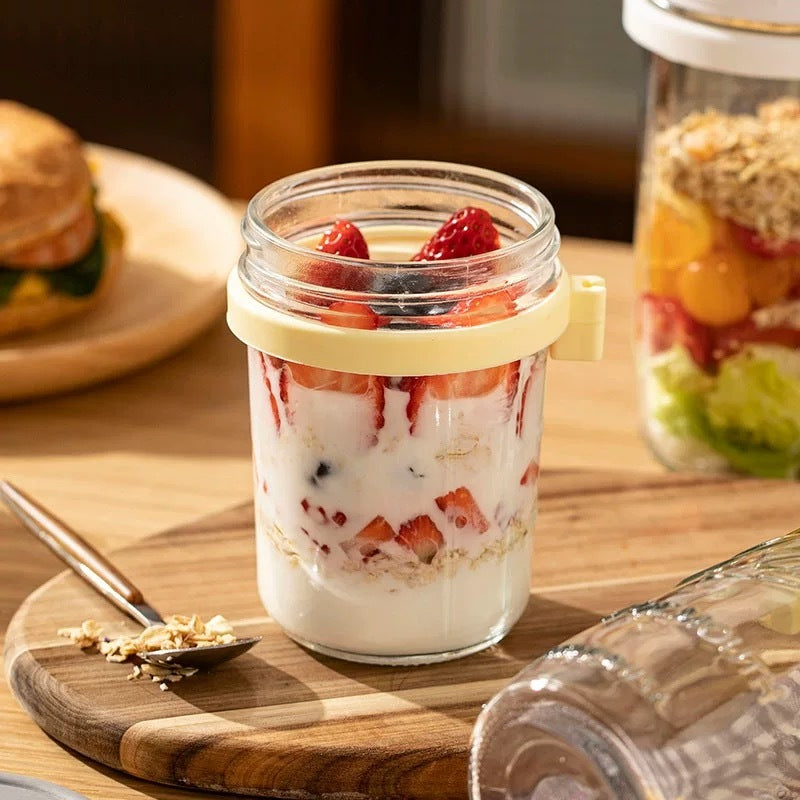Oatmeal Cup | Breakfast Cereal Oats Cup | Mason Glass Jar with Spoon | Leak Proof Parfait Container Mug