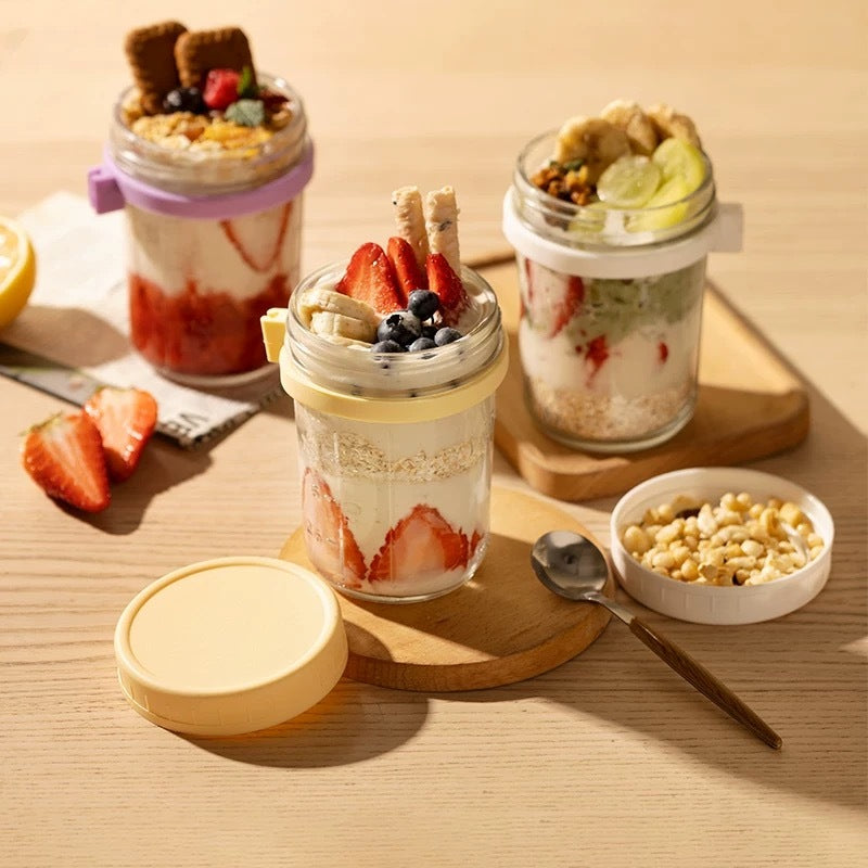 Oatmeal Cup | Breakfast Cereal Oats Cup | Mason Glass Jar with Spoon | Leak Proof Parfait Container Mug