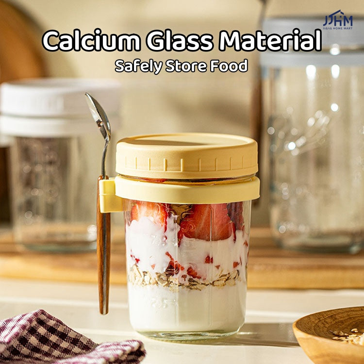 Oatmeal Cup | Breakfast Cereal Oats Cup | Mason Glass Jar with Spoon | Leak Proof Parfait Container Mug