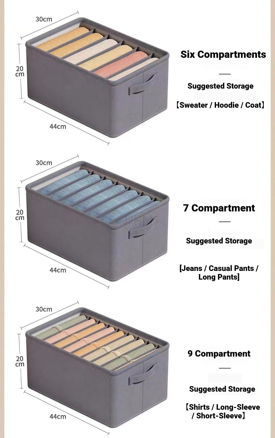 <Buy 4 Free 1> No-Flimsy Fabric Foldable 6/7/9 Grids Clothes Organizer Mesh Jeans Pant Storage Organizer Compartment