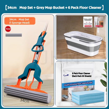 Enlarge 34cm Sponge Mop Quick Dry Head Free Hand wash Folding Water-Absorbent Squeeze Dry Rubber Mop