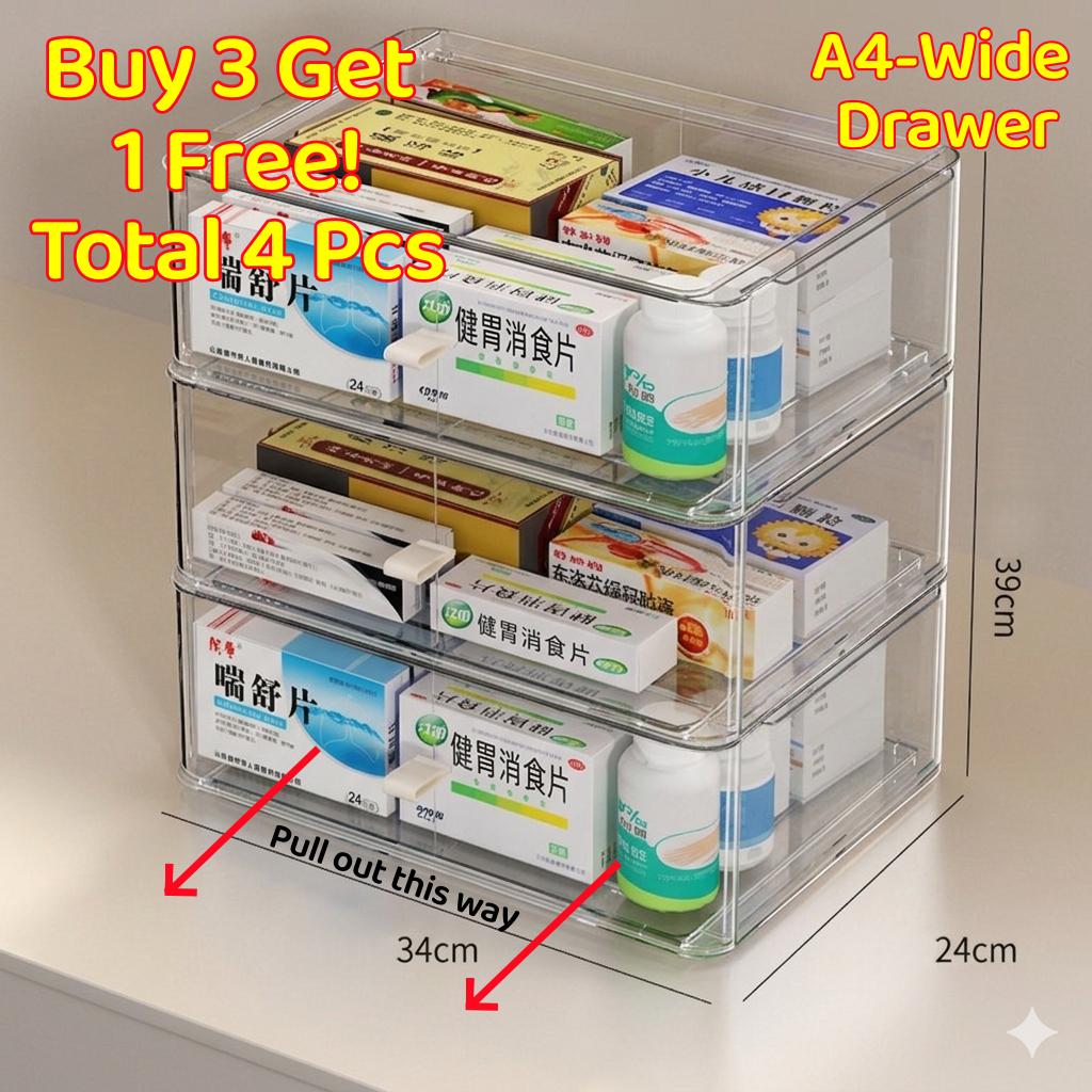 <Buy 3 Get 1 Free> A4-Wide Premium Acrylic Medicine box family drawer type large capacity multi-layer ergency First Aid Box Kit