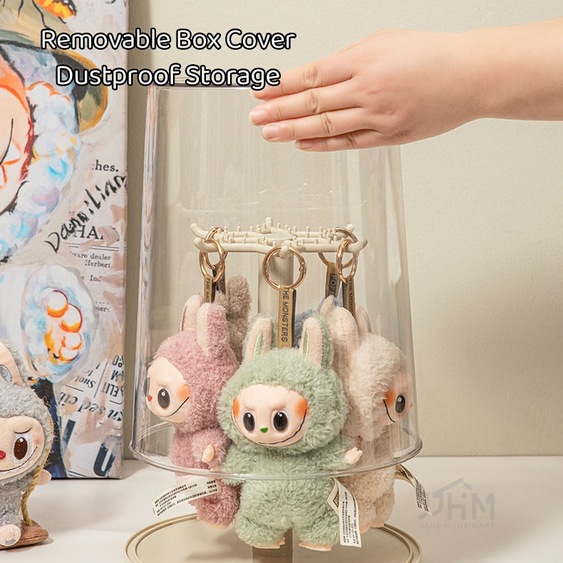 （NDD SG STOCK ) 360°Rotating Labbubu Display Case Rotating Transparent labubu Plush Doll Figurine Blind Box Storage Display Stand Source manufacturer Hanging Organizer Rack for POPMART