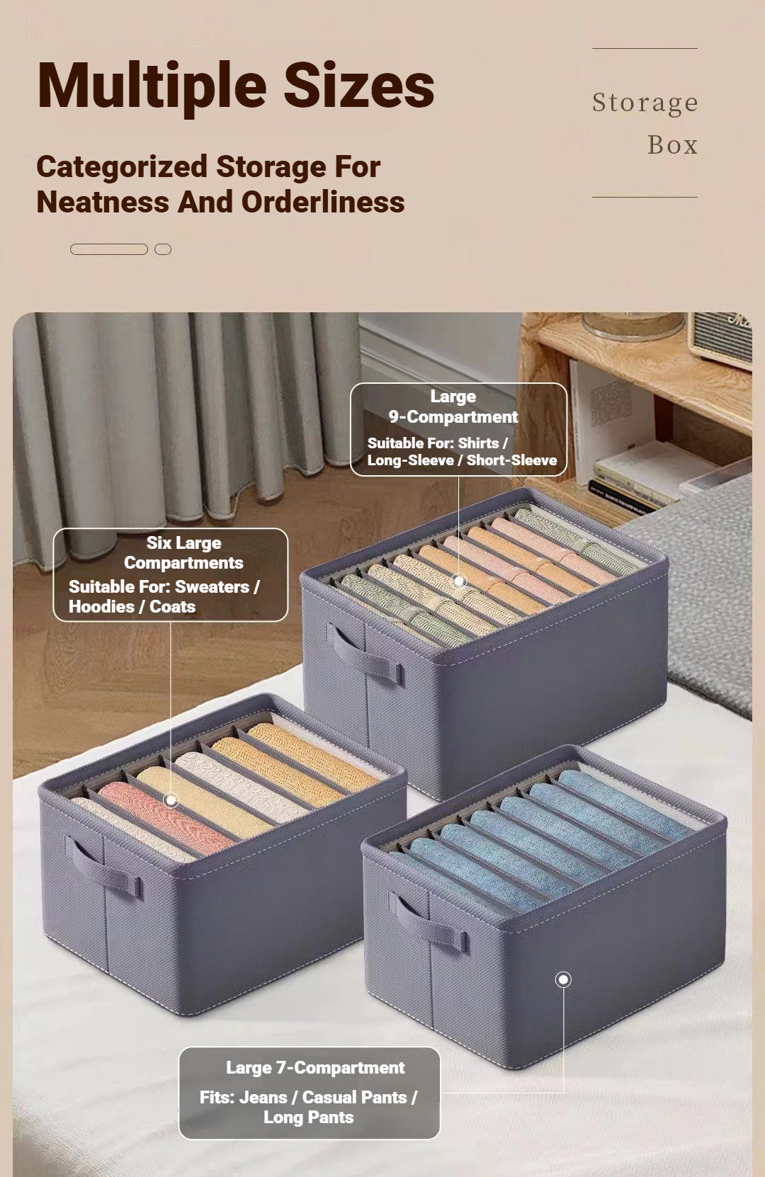 <Buy 4 Free 1> No-Flimsy Fabric Foldable 6/7/9 Grids Clothes Organizer Mesh Jeans Pant Storage Organizer Compartment
