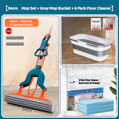 Enlarge 34cm Sponge Mop Quick Dry Head Free Hand wash Folding Water-Absorbent Squeeze Dry Rubber Mop