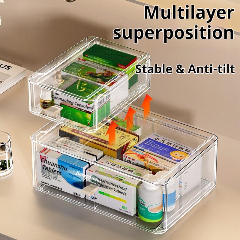 <Buy 3 Get 1 Free> A4-Wide Premium Acrylic Medicine box family drawer type large capacity multi-layer ergency First Aid Box Kit