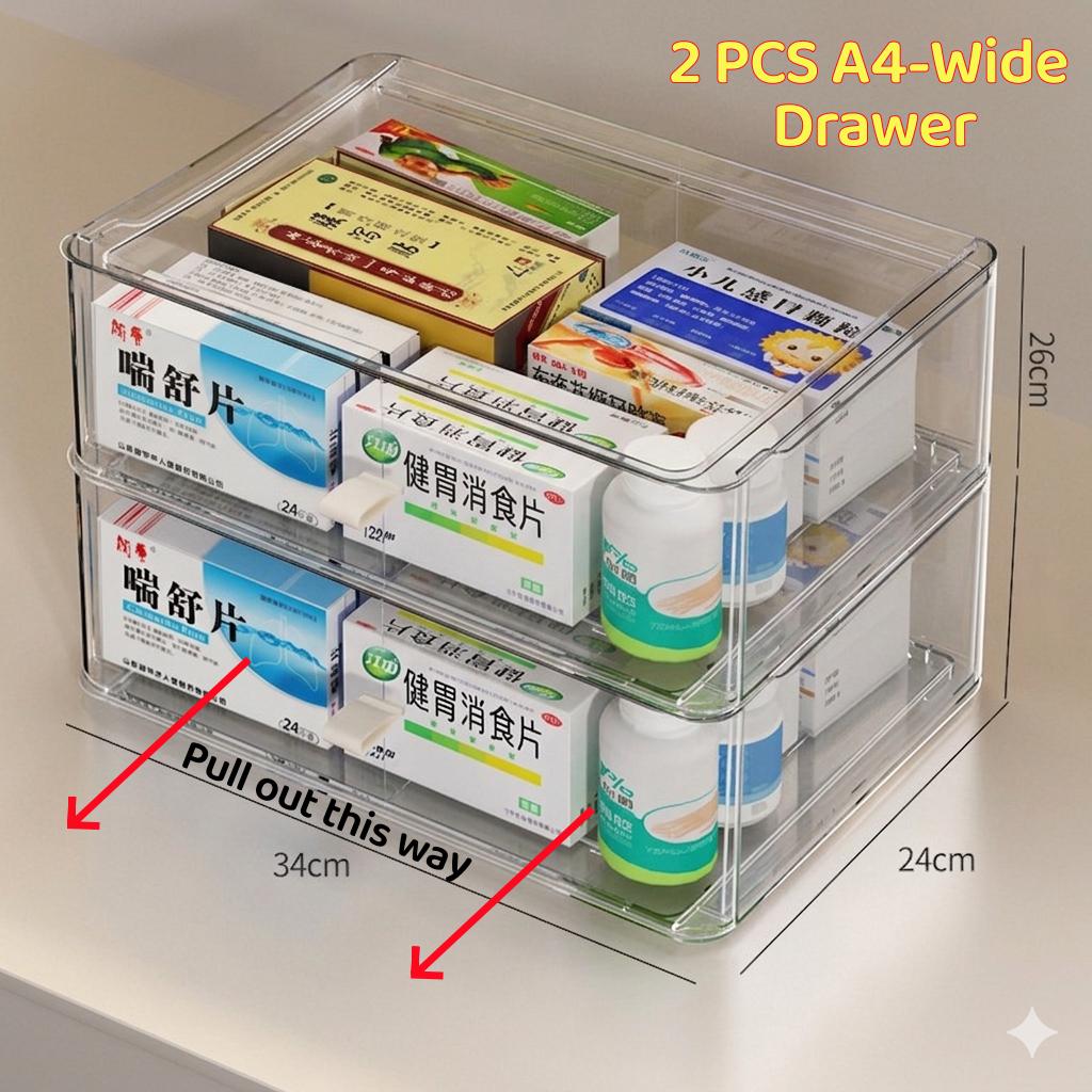 <Buy 3 Get 1 Free> A4-Wide Premium Acrylic Medicine box family drawer type large capacity multi-layer ergency First Aid Box Kit