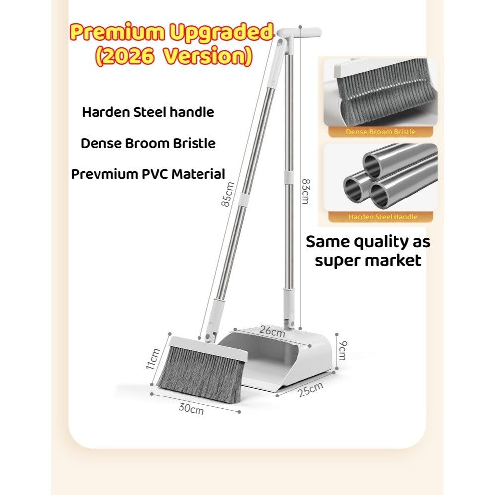 <Harden Steel> Premium Rotatable Broom and Wind Proof Dust Pan with Broom Comb Broom Set Non-Stick Broom Magic Wiper Set