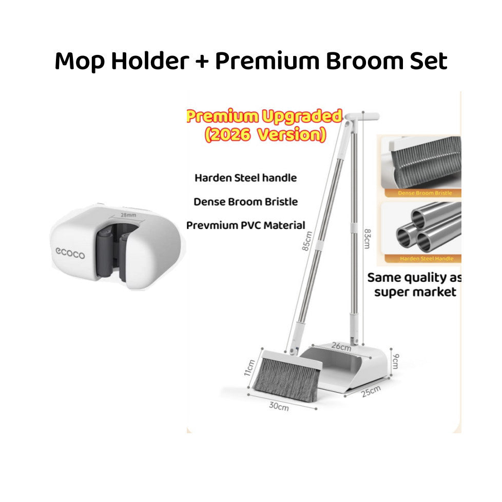<Harden Steel> Premium Rotatable Broom and Wind Proof Dust Pan with Broom Comb Broom Set Non-Stick Broom Magic Wiper Set