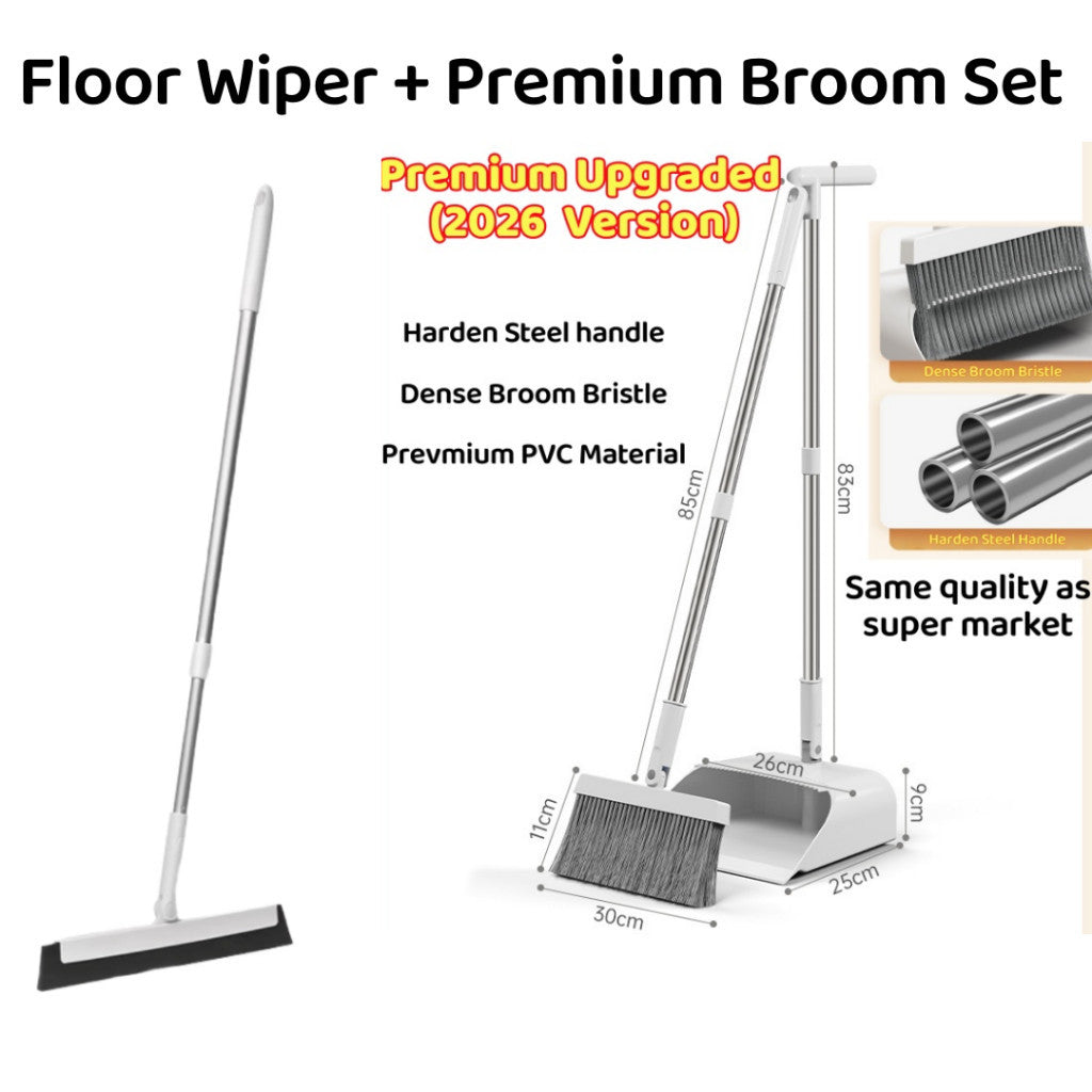 <Harden Steel> Premium Rotatable Broom and Wind Proof Dust Pan with Broom Comb Broom Set Non-Stick Broom Magic Wiper Set