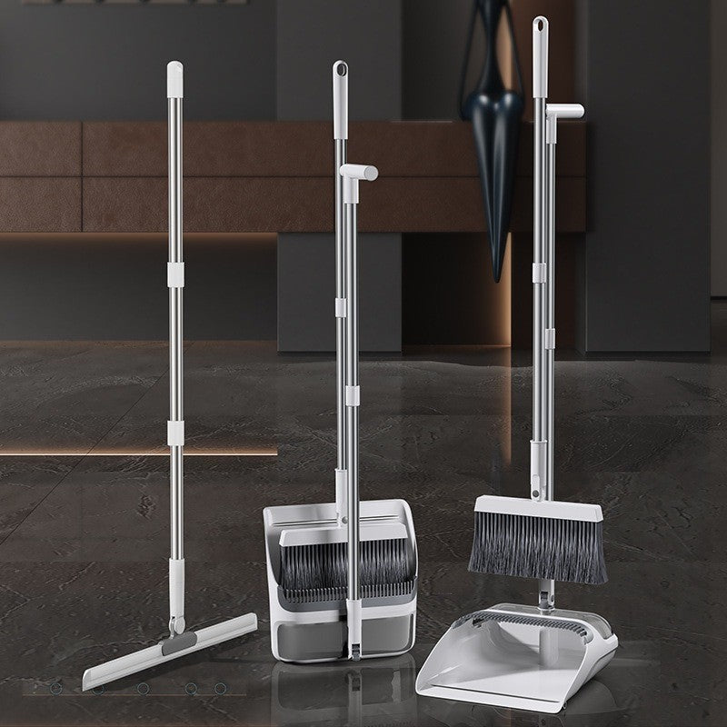 <Harden Steel> Premium Rotatable Broom and Wind Proof Dust Pan with Broom Comb Broom Set Non-Stick Broom Magic Wiper Set