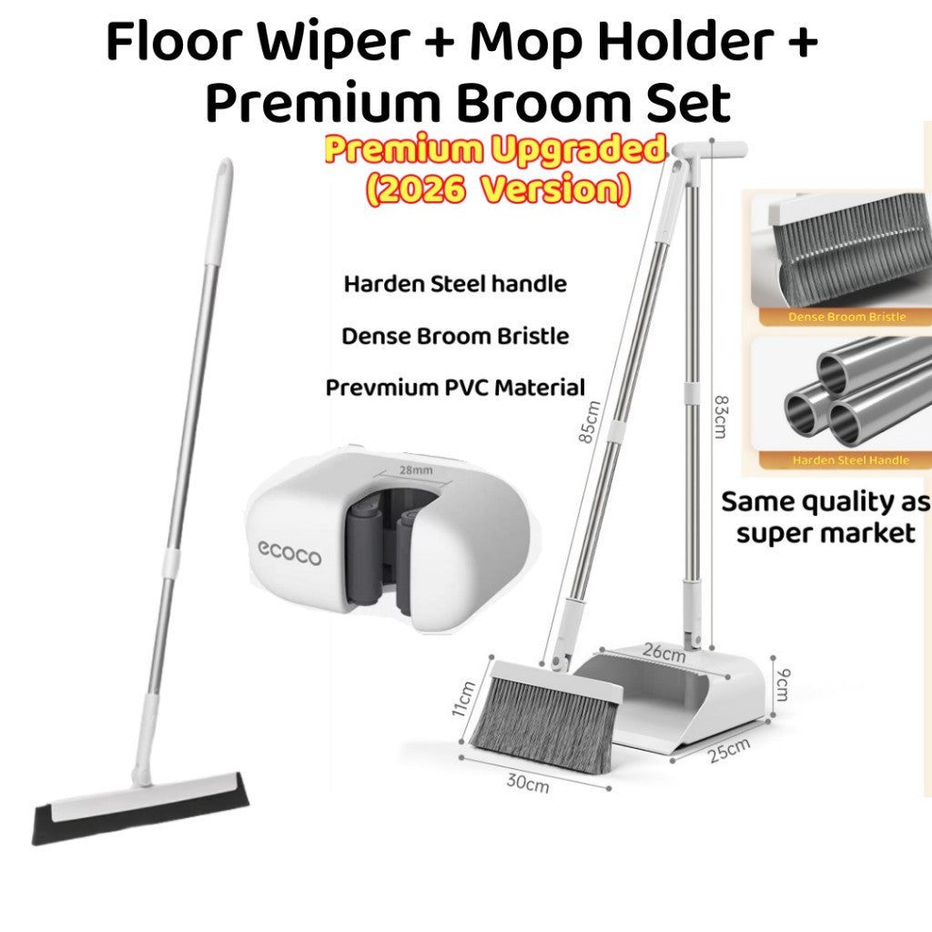<Harden Steel> Premium Rotatable Broom and Wind Proof Dust Pan with Broom Comb Broom Set Non-Stick Broom Magic Wiper Set