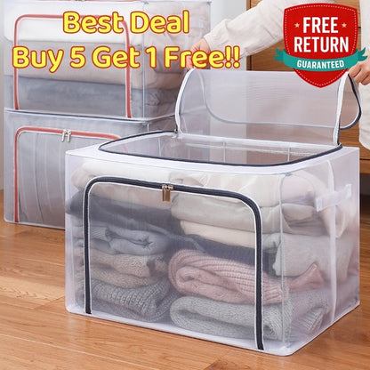 B5F1<Buy 5 Free 1> SG SHIP Steel Frame Storage Boxes Foldable Breathable Transparent Clothing Quilt Organizer Dustproof Bag