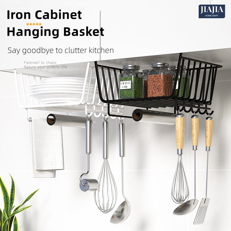 Cupboard Hanging Basket Rack with Hooks Shelf Storage